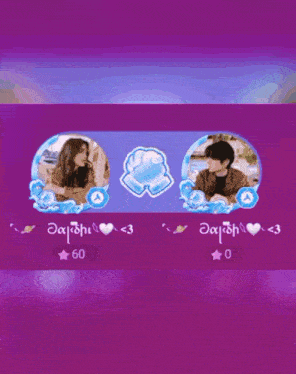 a purple background with two pictures of a man and a woman on it