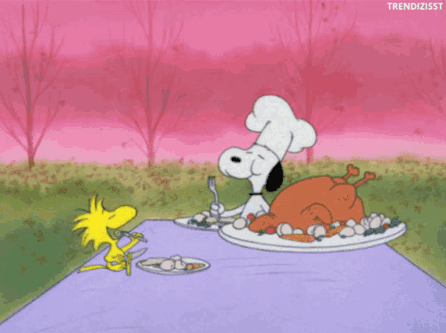 a cartoon of snoopy and woodstock eating turkey