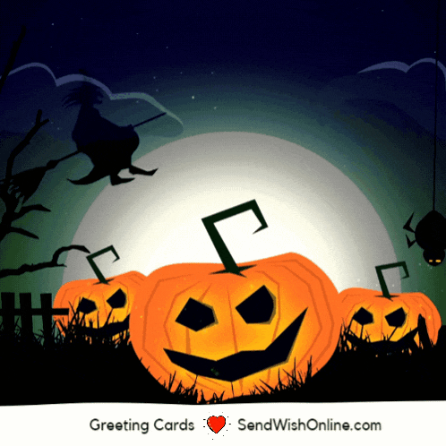 a halloween greeting card with pumpkins and a witch in the background