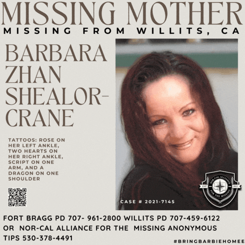 missing mother barbara zhan shealor crane is missing from willits california