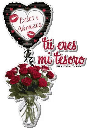 a bouquet of red roses in a vase next to a heart shaped balloon that says besos y abrazos .