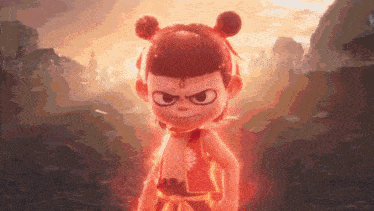 a cartoon character is standing in front of a sunset