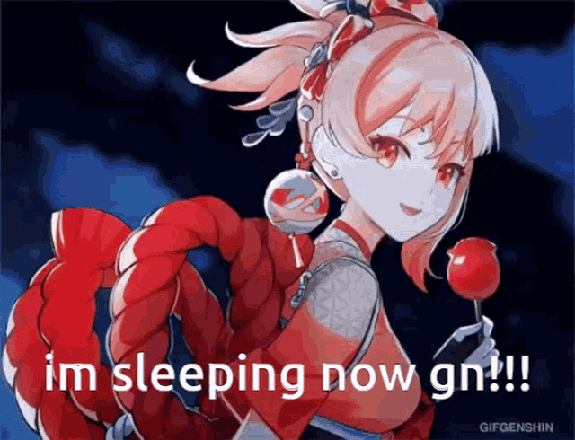 a girl with red hair is holding a lollipop and says i 'm sleeping now gn !!!