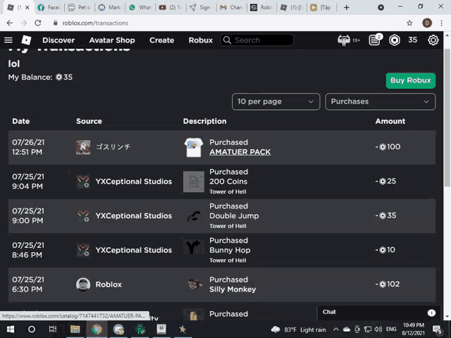 a screenshot of the roblox website showing a purchased amateur pack