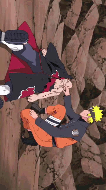 a couple of anime characters laying on a rocky surface