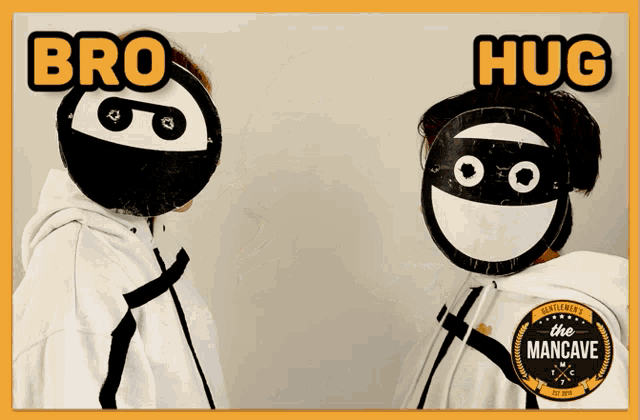 two people wearing masks that say bro hug