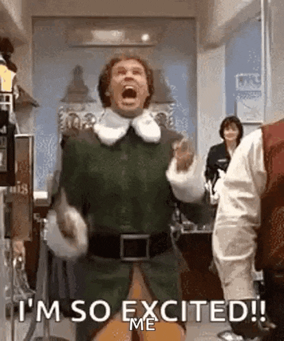 a man in a green elf costume is screaming and saying `` i 'm so excited ! ``