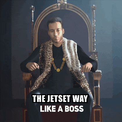 a man is sitting on a throne with the words the jetset way like a boss