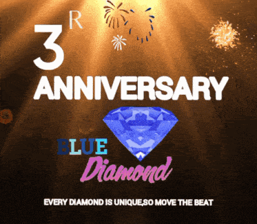 a 3rd anniversary blue diamond advertisement with fireworks in the background
