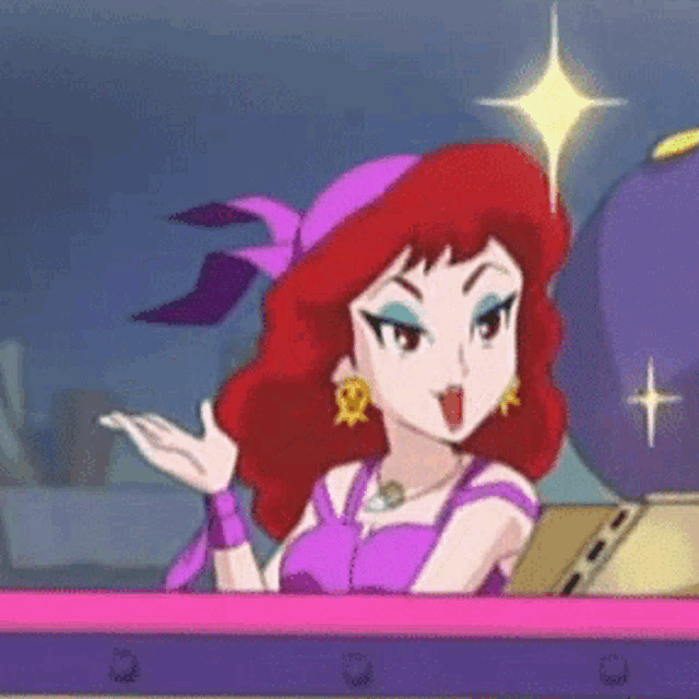 a cartoon woman with red hair and a purple headband is sitting in a car .