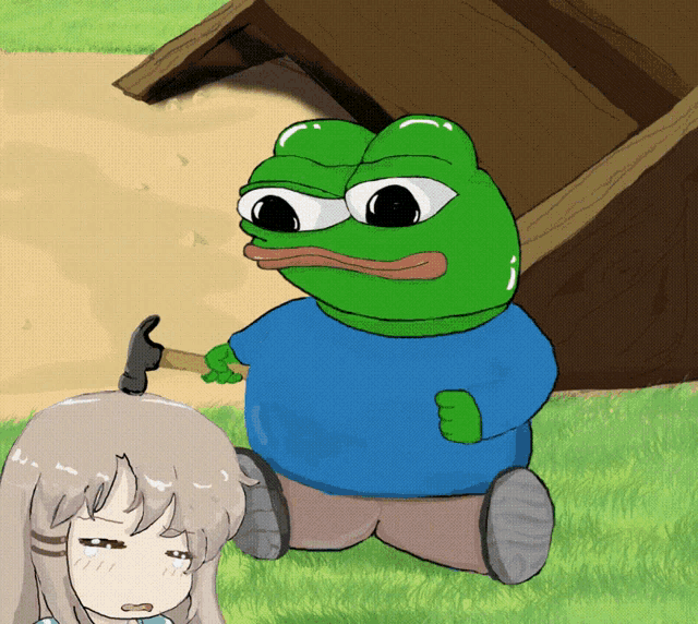 a frog is holding a hammer next to a girl in a blue shirt