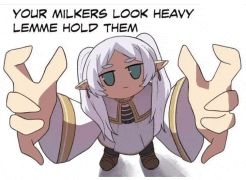 a cartoon of a girl with the words your milkers look heavy lemme hold them