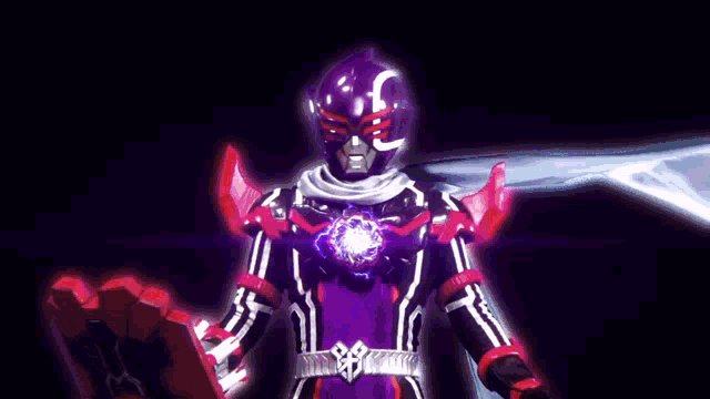 a purple and red superhero is holding a sword in his hand