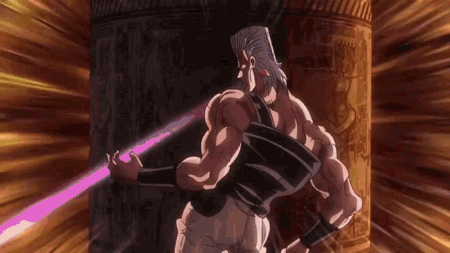 a man with a beard is standing in front of a pillar with a purple light coming out of it .