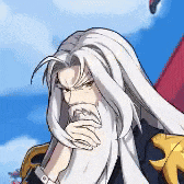 a cartoon character with long white hair and a beard is holding his hand to his mouth .