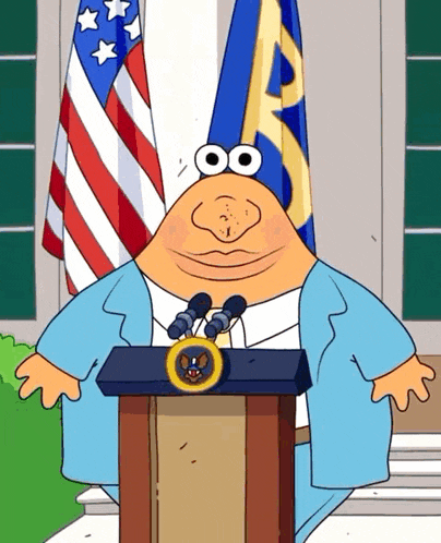 a cartoon character stands at a podium with two microphones in front of a flag