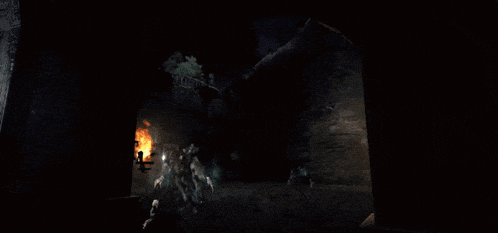 a screenshot of a video game shows a skeleton in a dark room