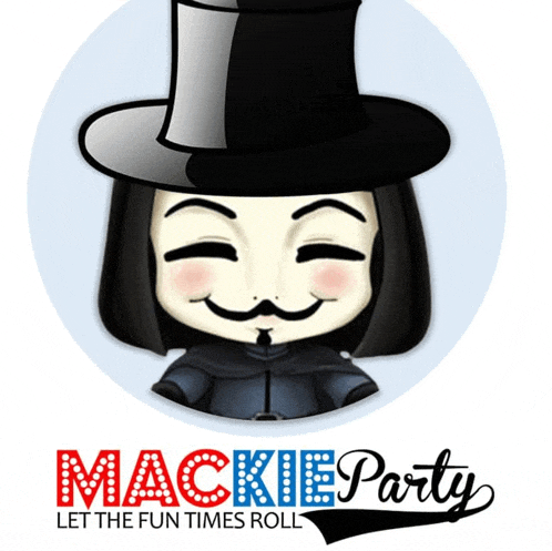a mackie party logo with a cartoon character
