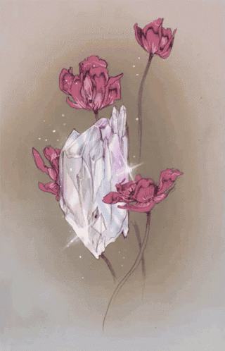 a drawing of a crystal with pink flowers surrounding it