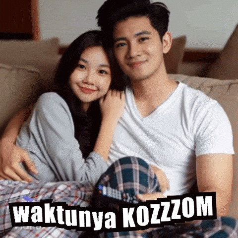 a man and a woman are sitting on a couch with the words waktunya kozzzom on the bottom