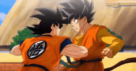 two cartoon characters , goku and gohan , are fighting each other in a karate match .