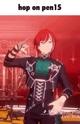 a man with red hair and a black jacket is dancing in a video game with the caption hop on pen 15