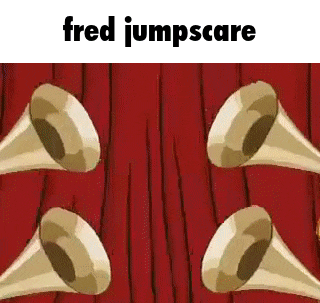 a group of trumpets are playing in front of a red curtain with the words `` fred jumpscare '' written above them .