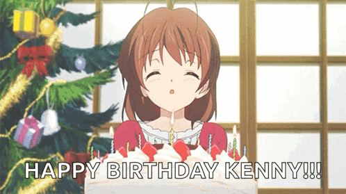 a girl blowing out candles on a cake that says happy birthday kenny !!!