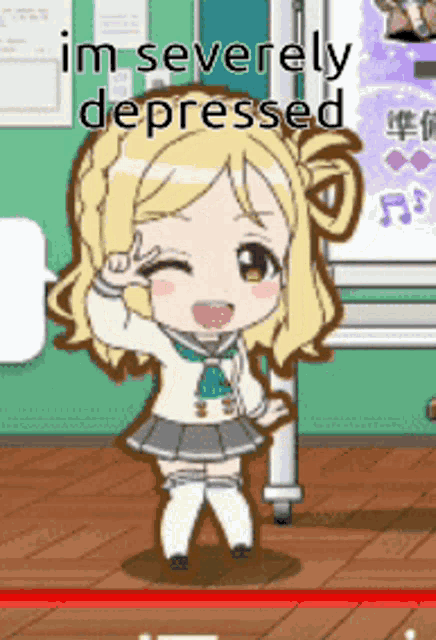 a cartoon of a girl giving a peace sign with the words im severely depressed above her