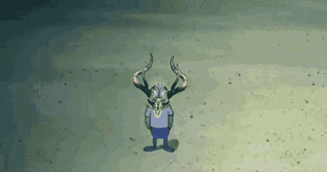 a cartoon character is wearing a helmet with horns and a skull on it .