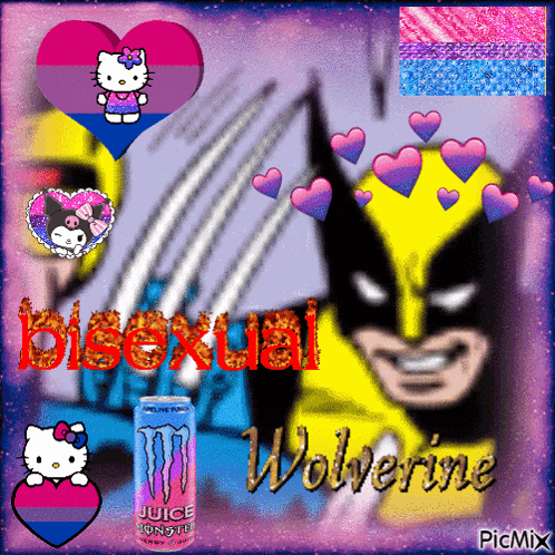 a picture of wolverine with a monster energy drink and hello kitty