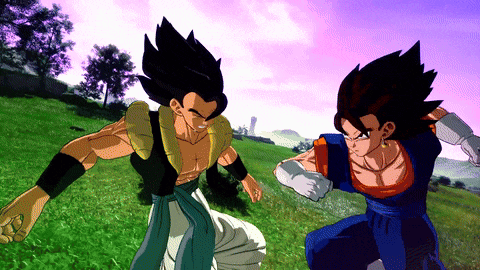 two cartoon characters are fighting in a grassy field