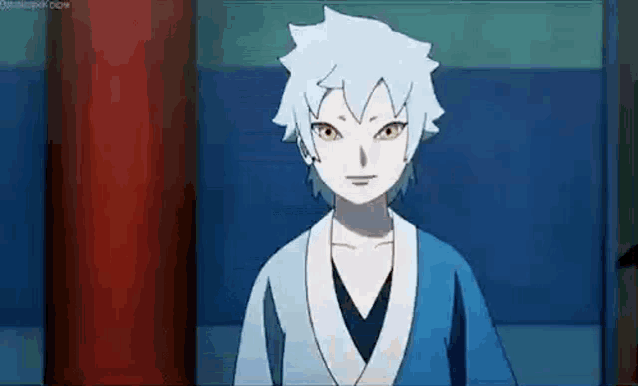 a cartoon character with white hair and a blue kimono is standing in front of a red wall .