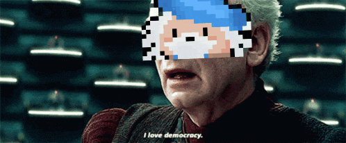 an elderly man says i love democracy with a pixelated face covering his eyes