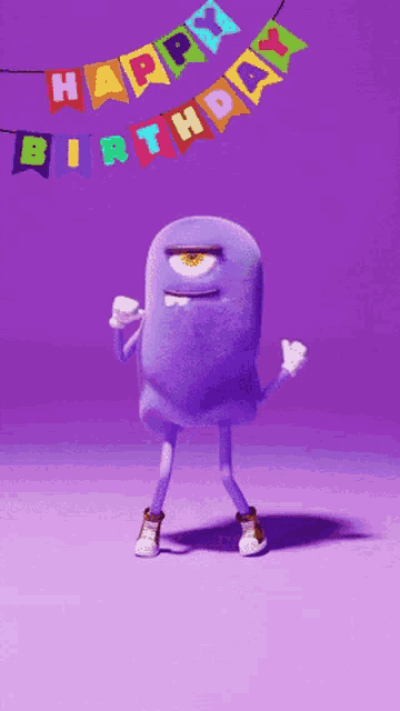 a cartoon character is dancing with a happy birthday banner behind him