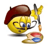 a smiley face wearing a beret is holding a brush and a palette of paint .