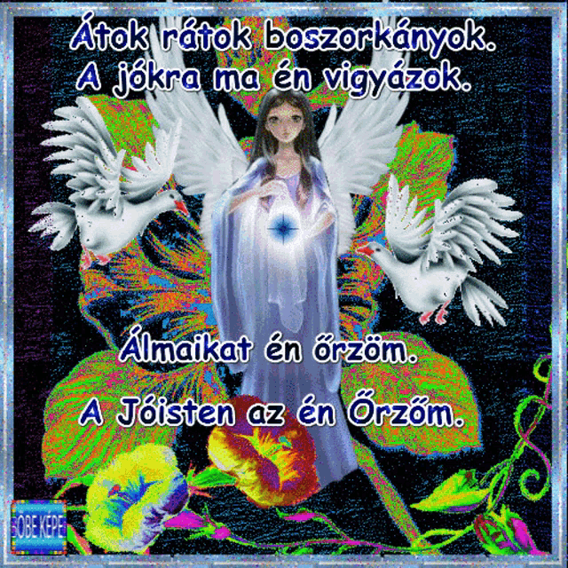 a picture of an angel with the words " atok ratok boszorkonyok " on it