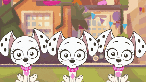 three dalmatian dogs wearing pink collars are sitting in front of a building