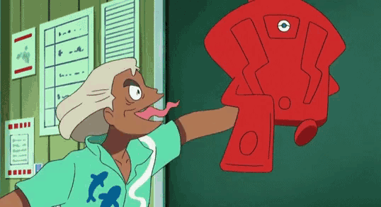a cartoon character with a dolphin on his shirt is pointing to a red object