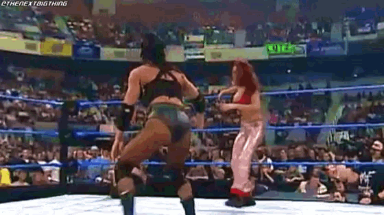 two women are wrestling in a wrestling ring .