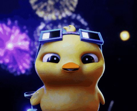 a cartoon chicken wearing sunglasses and holding a martini glass in front of fireworks