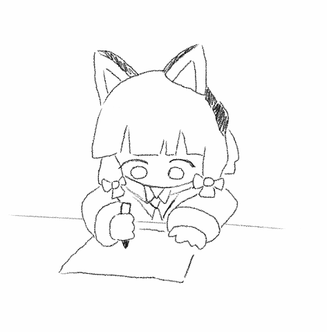a black and white drawing of a girl with cat ears writing on a piece of paper .