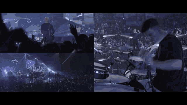 a man is playing drums in front of a crowd of people