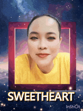 a woman in a yellow shirt is in a frame with the word sweetheart on the bottom