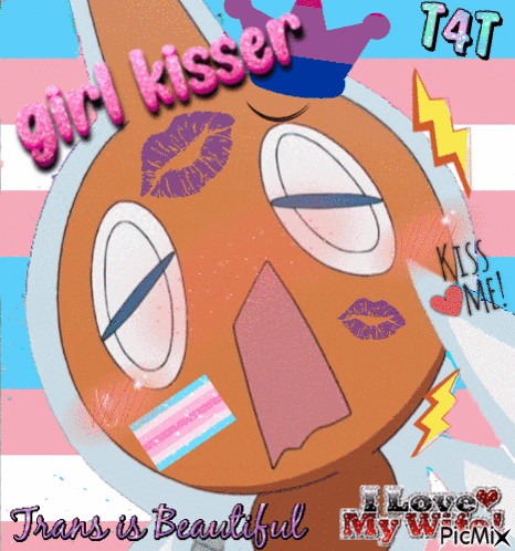 a cartoon character with the words girl kisser on it