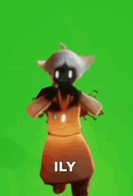 a cartoon character is dancing in front of a green screen and the words `` ily '' are written on the bottom .