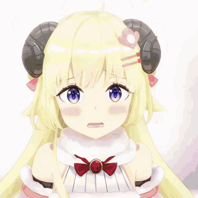 a girl with horns and a heart in her hair looks surprised
