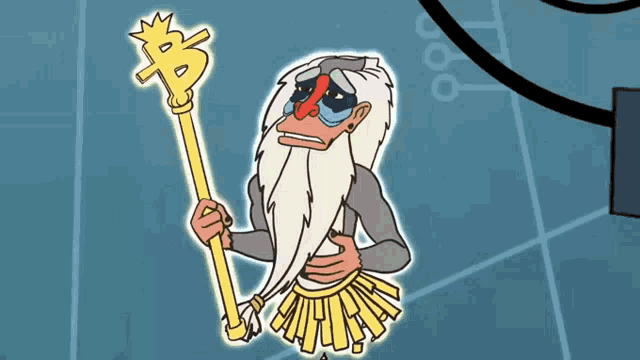 a cartoon of a monkey with a beard holding a cane with a dollar sign on it