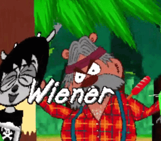 a cartoon character named wiener is holding a feather in his hand