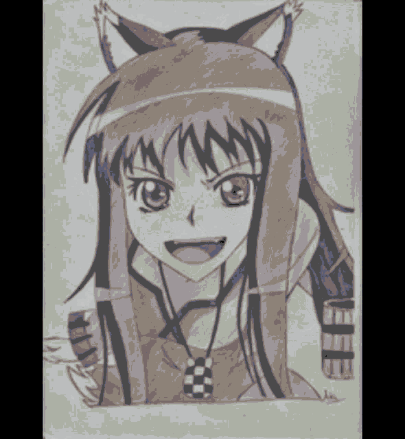 a black and white drawing of a girl with a cat ear